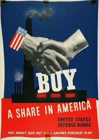 Poster: Buy a Share in America: United States Defense Bonds. Ask about our Pay Roll Savings Purchase Plan